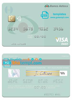 Salvador Banco Azteca visa debit credit card template in PSD format, fully editable