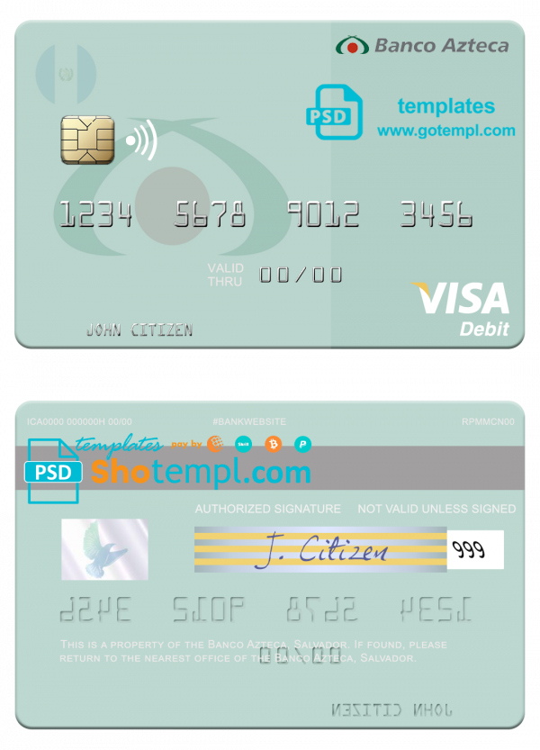 Salvador Banco Azteca visa debit credit card template in PSD format, fully editable