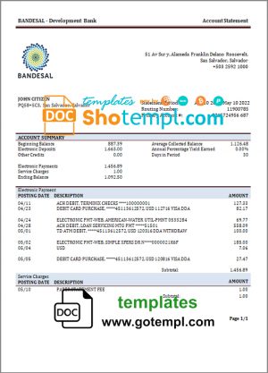 Salvador Bandesal bank statement template in Word and PDF format