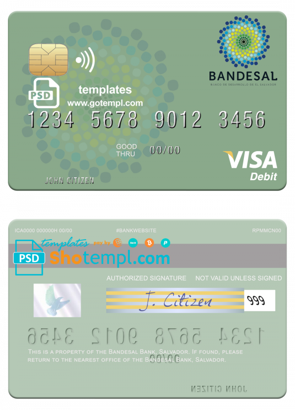 Salvador Bandesal Bank visa debit credit card template in PSD format, fully editable