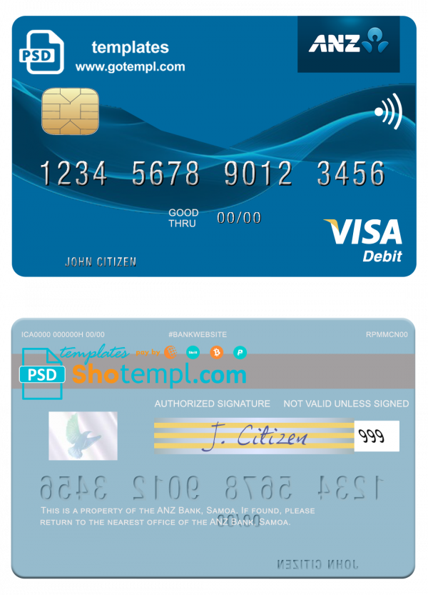 Samoa ANZ Bank visa debit card template in PSD format, fully editable