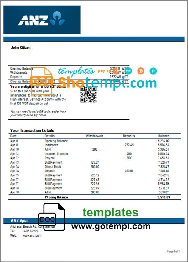 Samoa ANZ bank proof of address statement template in Word and PDF format