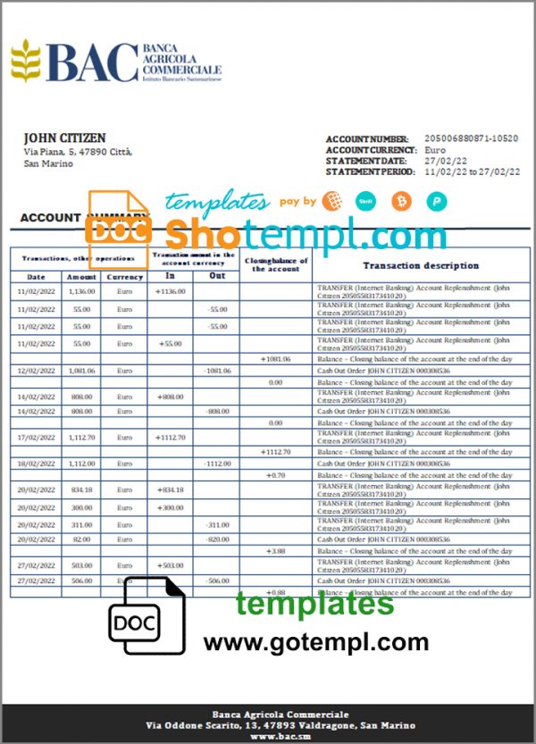 San Marino Banca Agricole Commerciale bank statement template in Word and PDF format