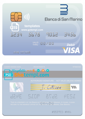 San Marino Banca di San Marino visa debit card template in PSD format