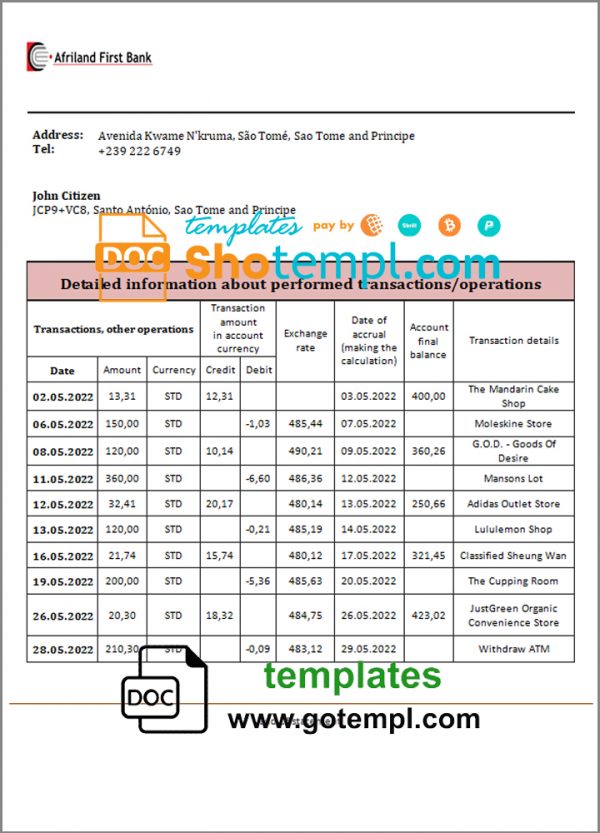 Sao Tome and Principe Afriland First Bank bank statement template in Word and PDF format