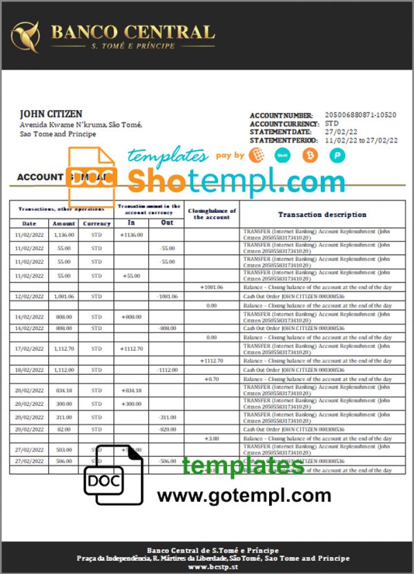 Sao Tome and Principe Banco Central de S.Tome e Principe bank statement template in Word and PDF format