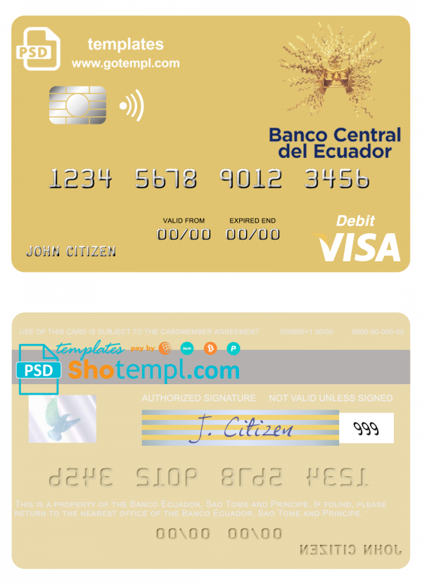 Sao Tome and Principe Banco Ecuador visa debit card template in PSD format