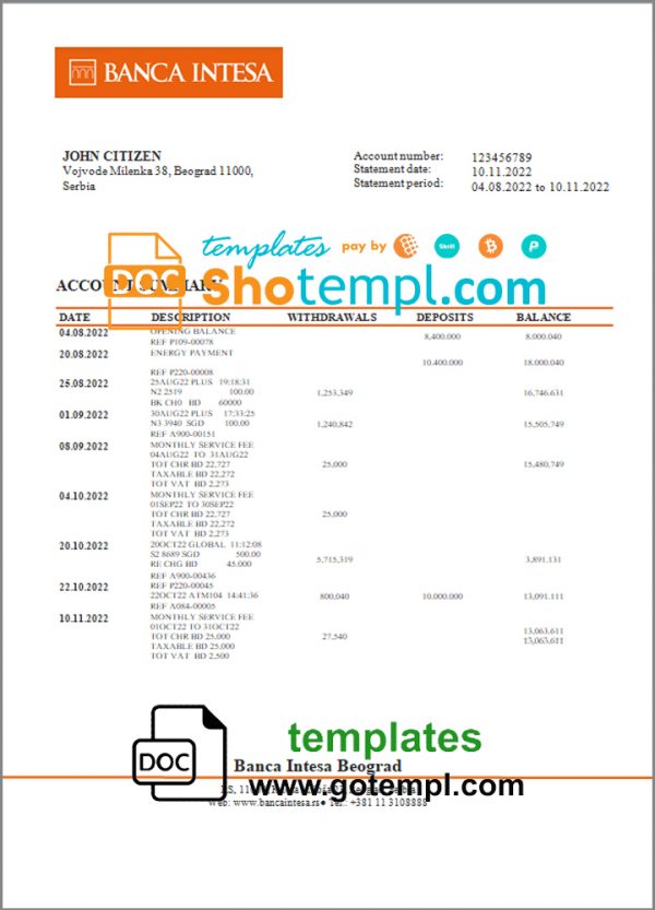 Serbia Banca Intesa bank statement template in Word and PDF format