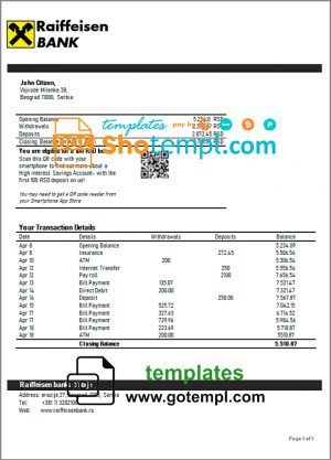 Serbia Raiffeisen bank statement template in Word and PDF format
