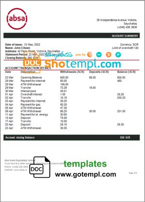 Seychelles ABSA bank statement template in Word and PDF format