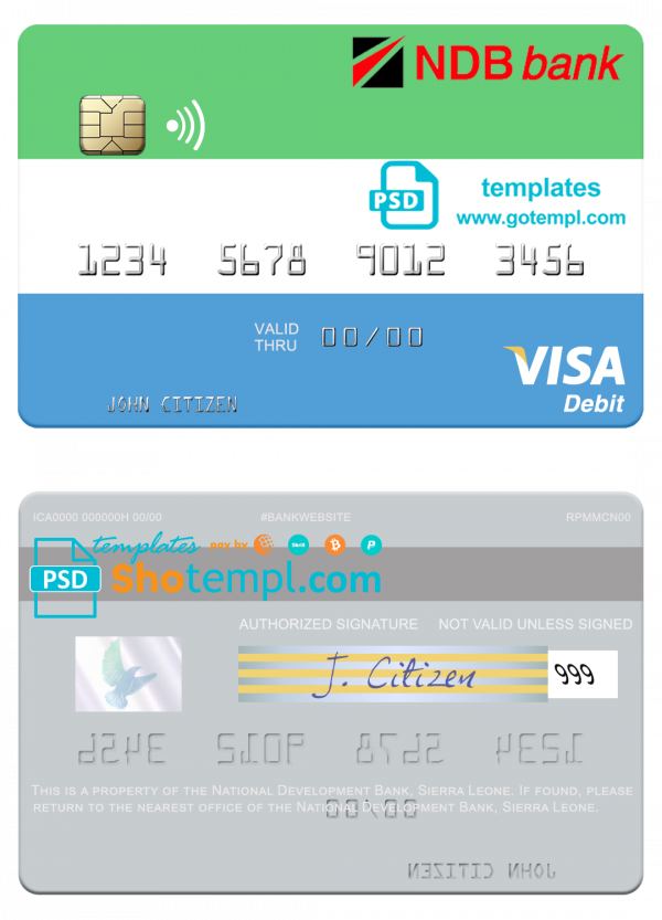 Sierra Leone National Development Bank visa debit card template in PSD format
