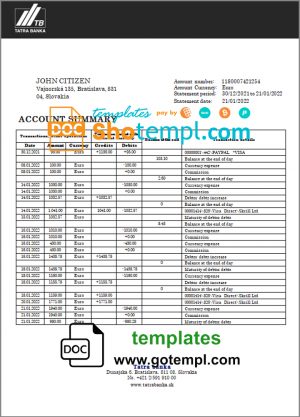 Slovakia Tatra bank statement template in Word and PDF format