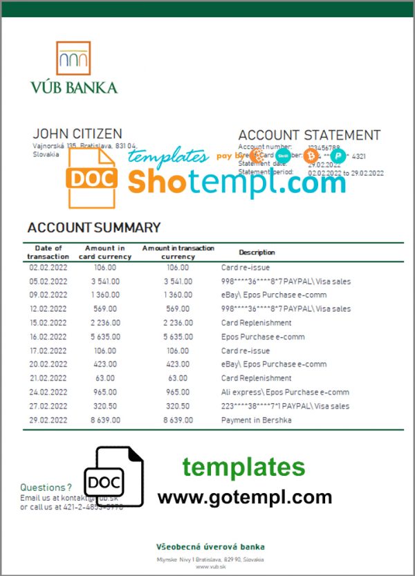 Slovakia VUB bank statement template in Word and PDF format