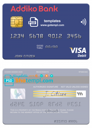 Slovenia Addiko Bank visa debit card template in PSD format