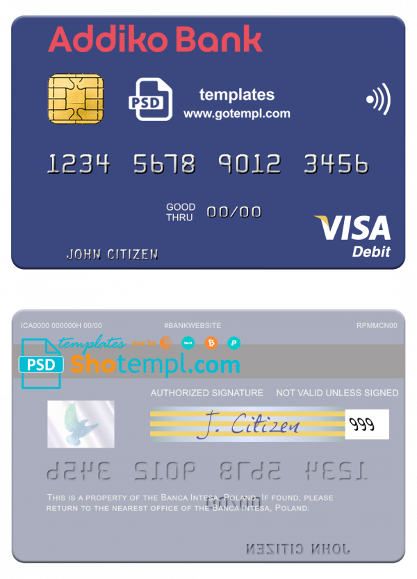 Slovenia Addiko Bank visa debit card template in PSD format