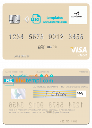 Slovenia Factor Banka visa debit card template in PSD format