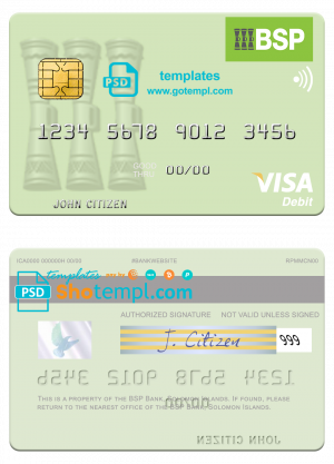 Solomon Islands BSP Bank visa debit credit card template in PSD format