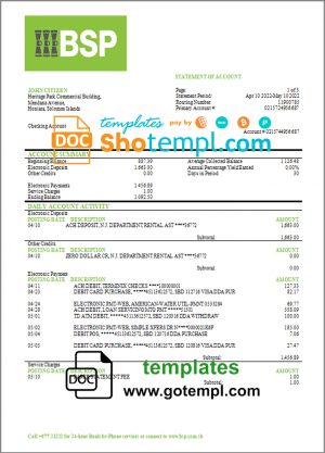 Solomon Islands BSP bank statement template in Word and PDF format