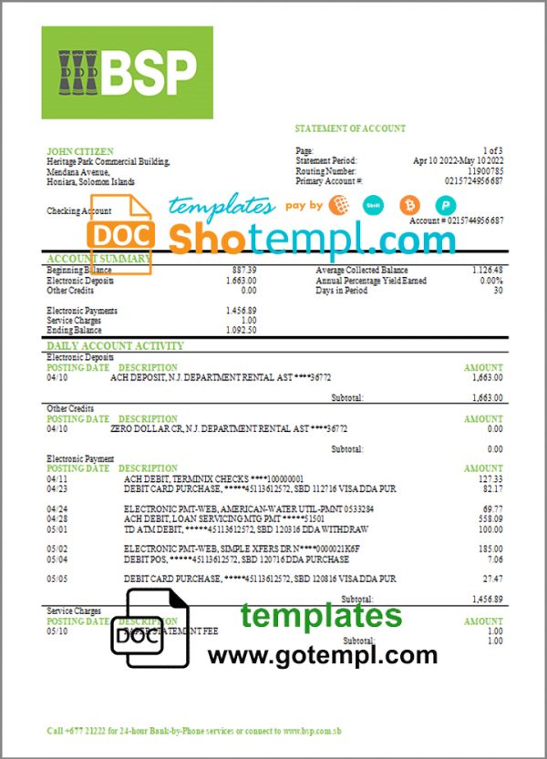 Solomon Islands BSP bank statement template in Word and PDF format