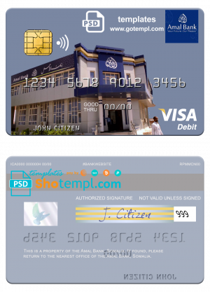 Somalia Amal Bank visa debit card template in PSD format, fully editable
