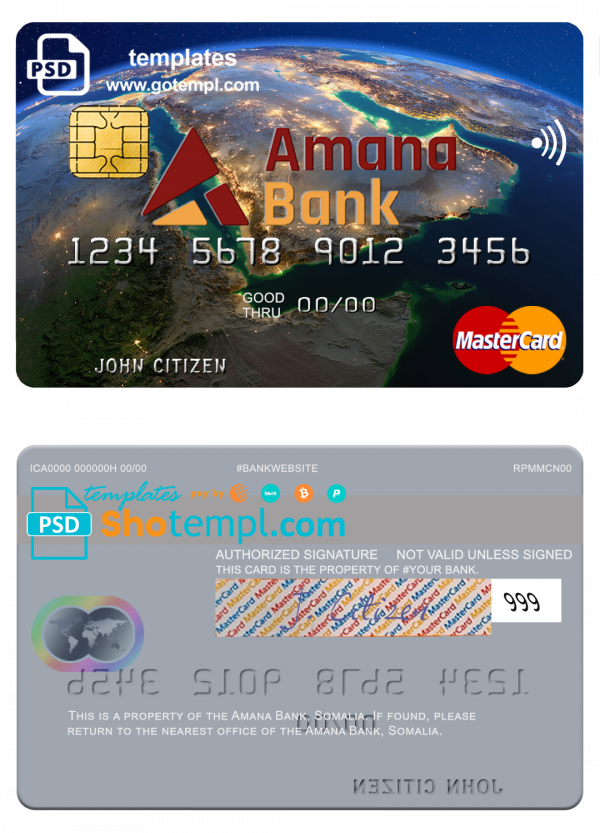 Somalia Amana Bank mastercard credit card template in PSD format