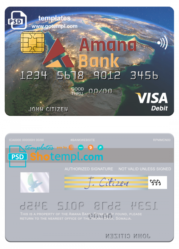 Somalia Amana Bank visa debit credit card template in PSD format