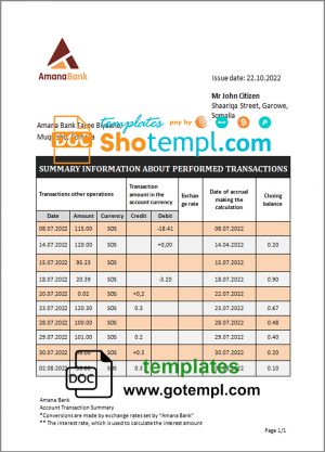 Somalia Amana bank statement template in Word and PDF format