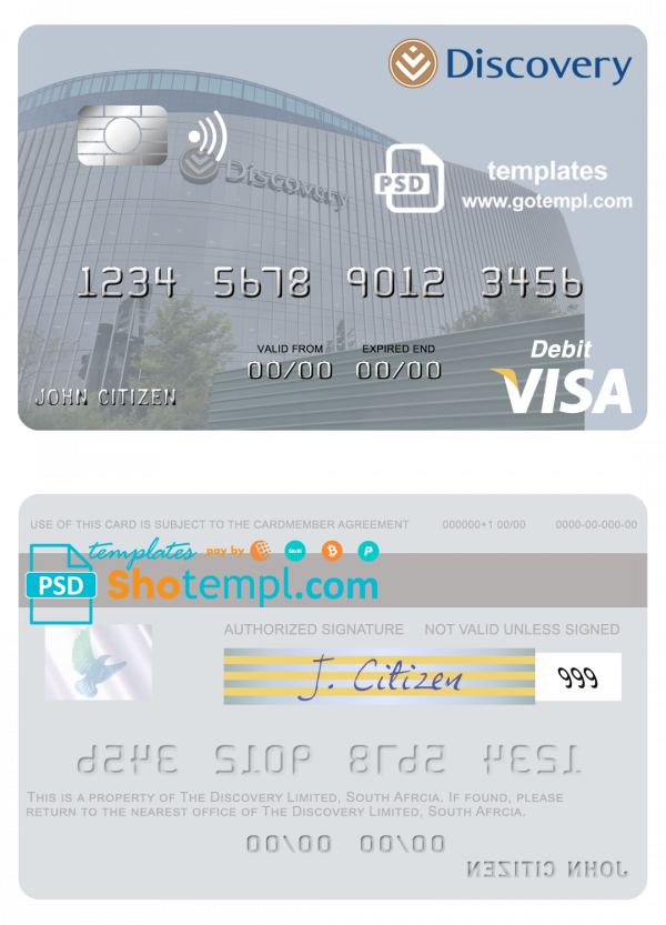 South Africa Discovery Limited visa debit card template in PSD format