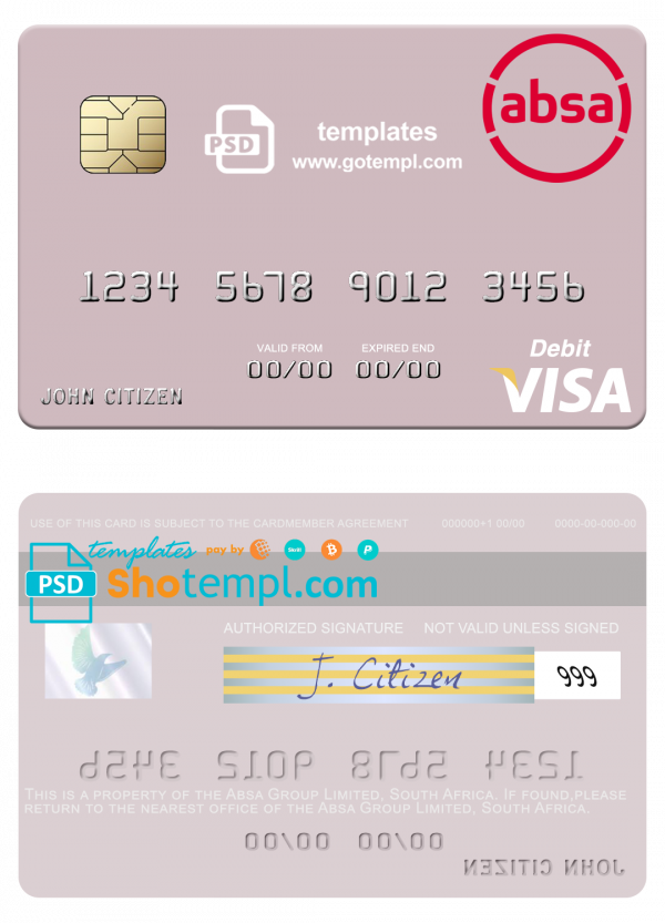 South Africa Absa Group Limited visa debit credit card template in PSD format