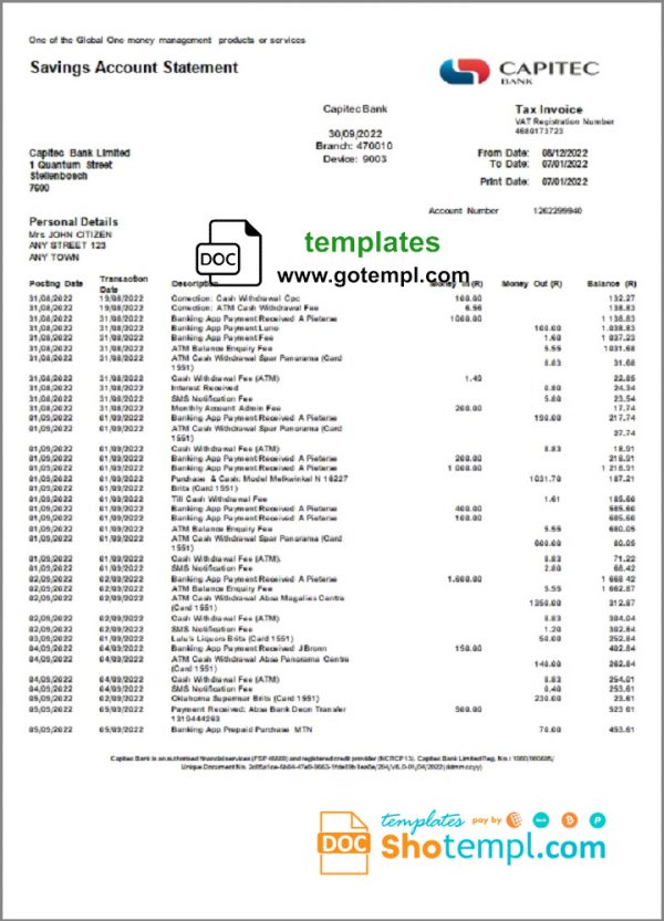 South Africa Capitec bank savings account statement template in Word and PDF format