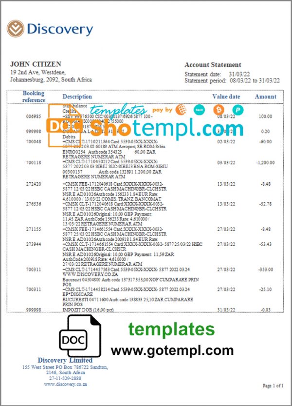 South Africa Discovery bank statement template in Word and PDF format