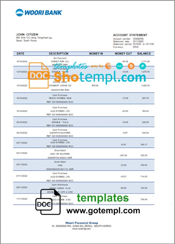 South Korea Woori bank statement template in Word and PDF format