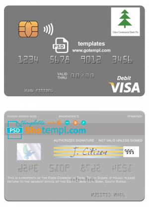 South Sudan Eden Commercial Bank visa debit card template in PSD format