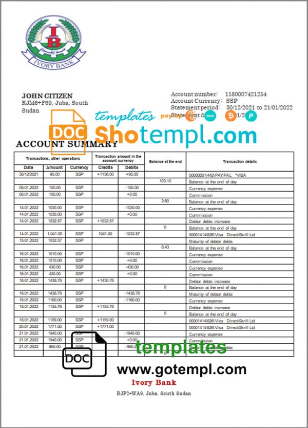 South Sudan Ivory Bank bank statement template in Word and PDF format