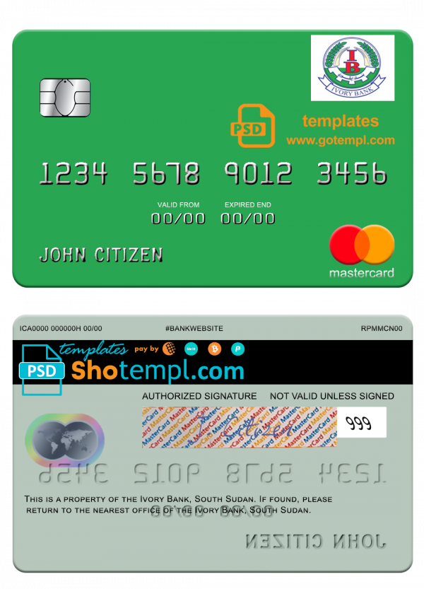 South Sudan Ivory Bank mastercard template in PSD format
