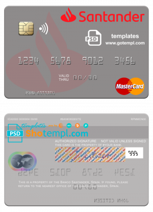 Spain Banco Santander mastercard template in PSD format
