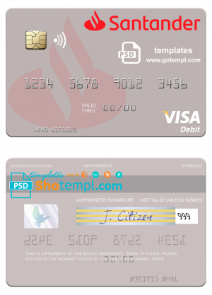 Spain Banco Santander visa credit card template in PSD format