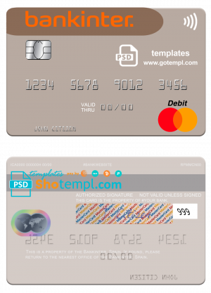 Spain Bankinter bank mastercard credit card template in PSD format