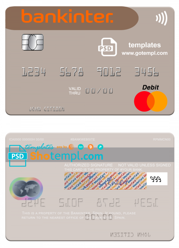 Spain Bankinter bank mastercard credit card template in PSD format
