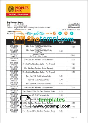 Sri Lanka People's Bank bank statement template in Word and PDF format, version 2