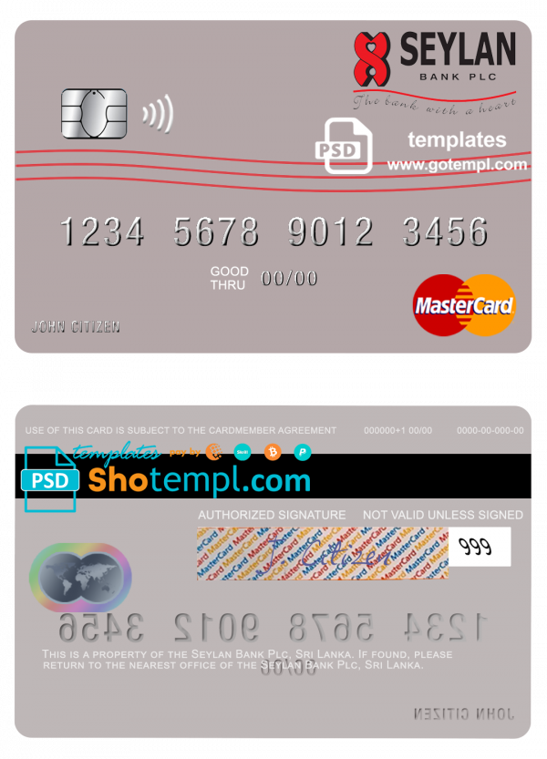 Sri Lanka Seylan Bank Plc mastercard card template in PSD format