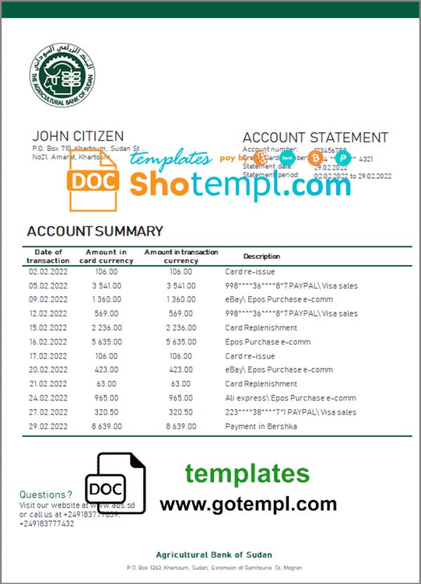 Sudan Agricultural Bank of Sudan bank statement template in Word and PDF format, version 2
