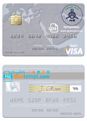 Sudan El Nilein Bank visa debit card template in PSD format