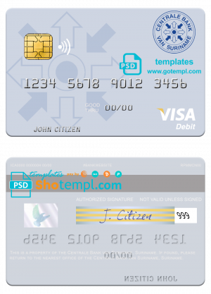 Suriname Centrale Bank van Suriname visa debit card template in PSD format