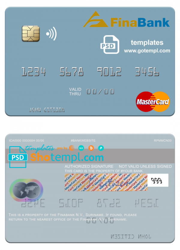 Suriname Finabank N.V. mastercard template in PSD format