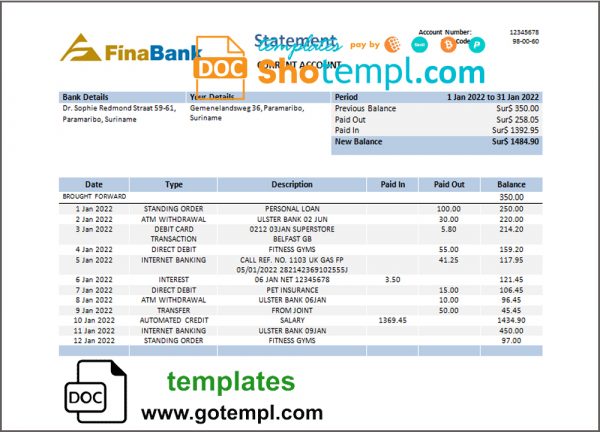 Suriname Finabank bank statement template in Word and PDF format