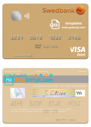 Sweden Swedbank visa debit card template in PSD format