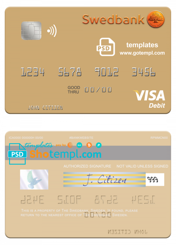 Sweden Swedbank visa debit card template in PSD format