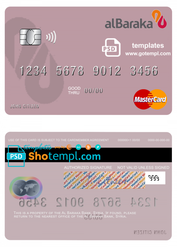 Syria Al Baraka Bank mastercard template in PSD format