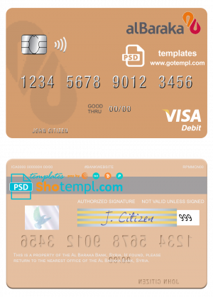 Syria Al Baraka Bank visa debit card template in PSD format